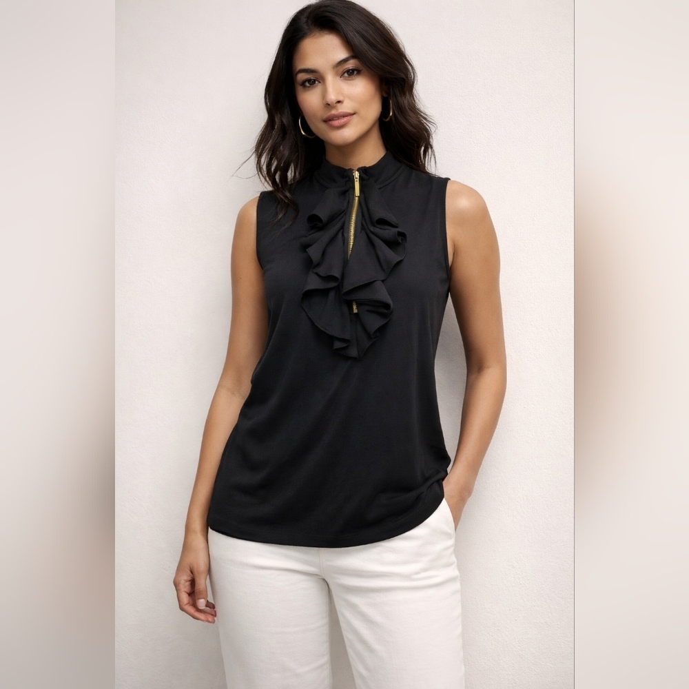 Michael Kors Sleeveless Ruffle Zip Front Blouse Top Black Petite Large PL P #446